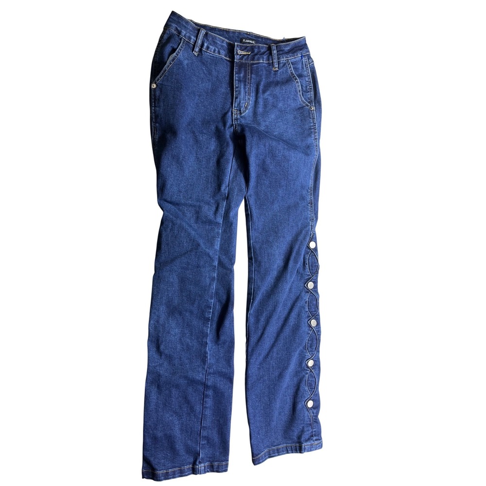 Flamingals Women's Small Flare Jeans Scallop Side Button Dark Wash Stretch Denim